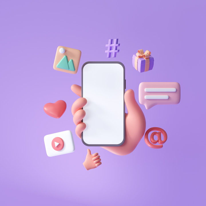 3D Online Social media communication platform concept. Hand holding phone with emoji, comment, love, like and play icons. 3d render illustration
