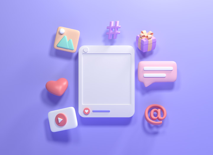 3d online social media communication platform concept. photo frame with emoji, comment, love, like and play icons. 3d render illustration Premium Photo